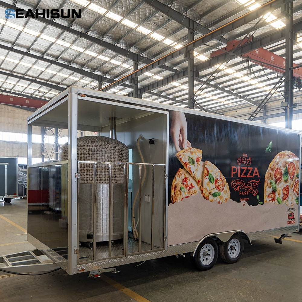 Commercial Kitchen Oven - รถพ่วงครัวอาหารพิซซ่าเชิงพาณิชย์ เตาพิซซ่าแบบใช้ไฟจากเตาเผาไม้ รถขายไอศกรีมและขนมเคลื่อนที่ ทนต่อการเกิดสนิม พร้อมระบบไฟฟ้าในตัว