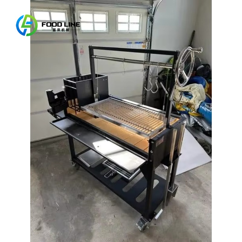 Commercial Kitchen Rental - รถเข็นบาร์บีคิวแบบปรับแต่งได้สำหรับกาวโช พร้อมเตาย่างอาซาโด้ โครงเหล็กเคลือบผง พร้อมระบบยกด้วยมือหมุน สำหรับให้เช่าครัวกลางแจ้งเชิงพาณิชย์
