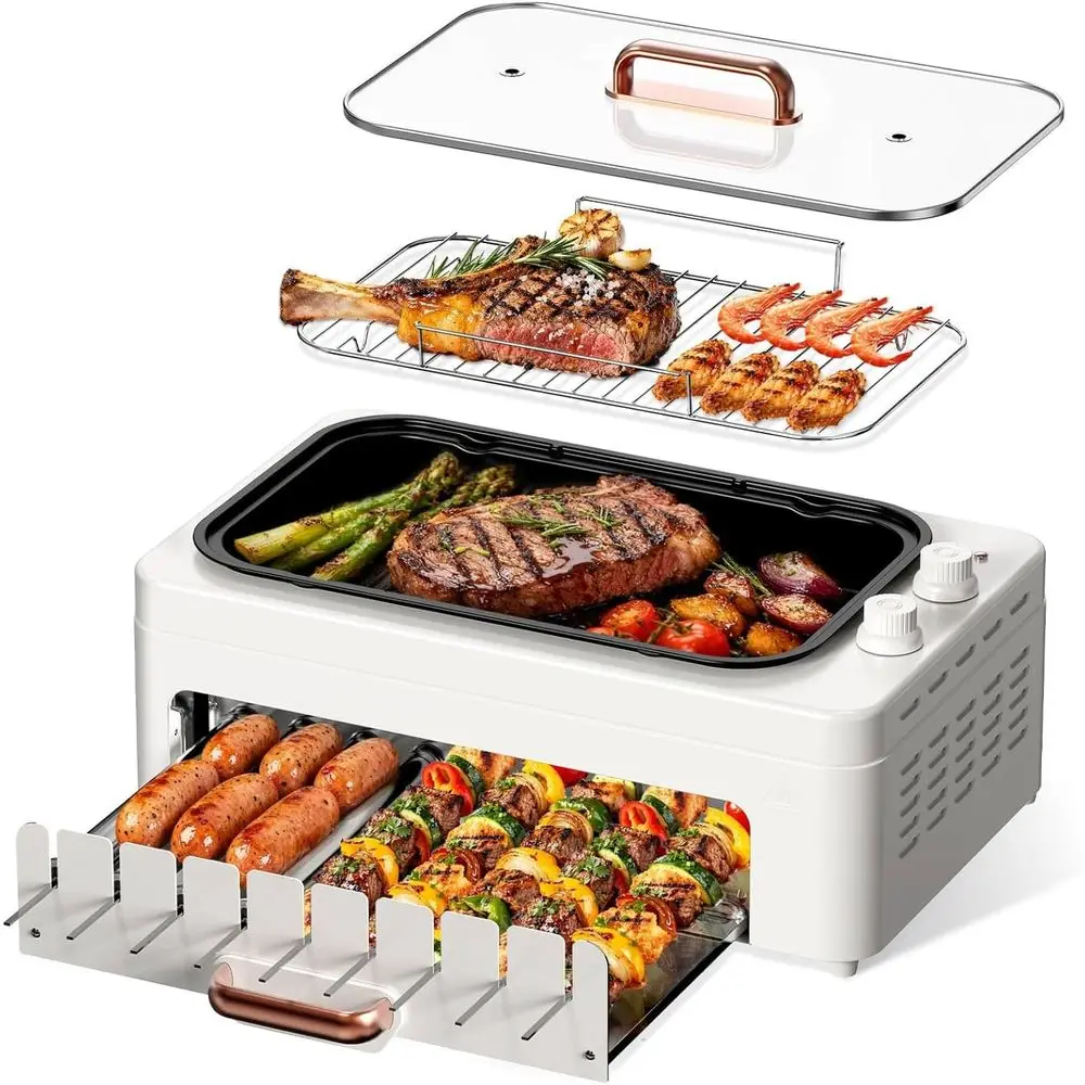 Hot Dog Roller Grill - เตาย่างอเนกประสงค์ 4-in-1 สำหรับใช้ในบ้าน: กระทะถอดได้, ไม้เสียบหมุนได้, ที่ปิ้งฮอทดอก,