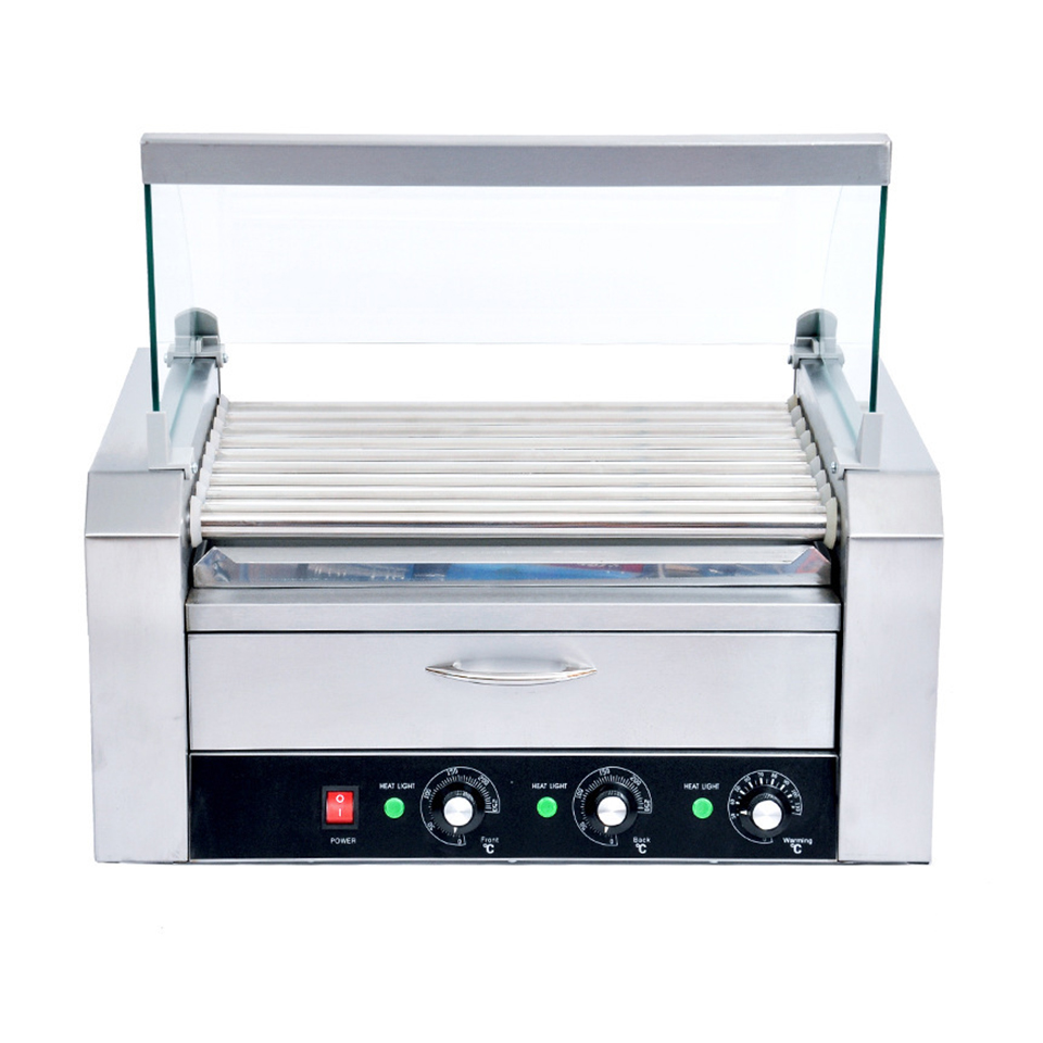 Hot Dog Roller Grill - เครื่องทำฮอทดอกแบบม้วน HHD09A สำหรับร้านค้า พร้อมตู้เก็บอุ่นอาหาร ทำไส้กรอกและฮอทดอก มีกระจกกั้น