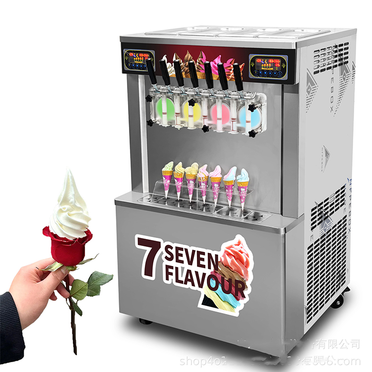 Soft Serve Ice Cream Machine - เครื่องทำไอศกรีมซอฟต์เสิร์ฟเชิงพาณิชย์ 7 รสชาติ เครื่องทำเจลาโต้แบบอิตาเลียน สำหรับร้านกาแฟและร้านขนมขบเคี้ยว ปรับแต่งได้