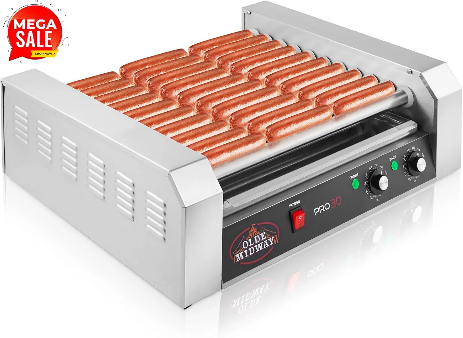 Hot Dog Roller Grill - เครื่องทำฮอทดอกไฟฟ้า 30 ช่อง พร้อมเตาย่างแบบลูกกลิ้ง 11 ช่อง